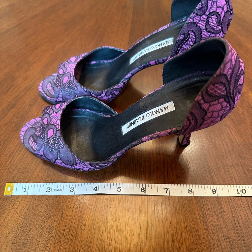 Manolo Blahnik Lace Open-Toe Heels | Purple & Black | Made in Italy | Size 38 - Picture 3 of 9